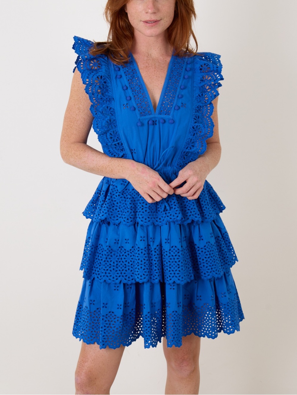 Ulla Johnson Lilith Dress Cobalt Blue Eyelet Tiered Mini Dress Broderie Anglaise